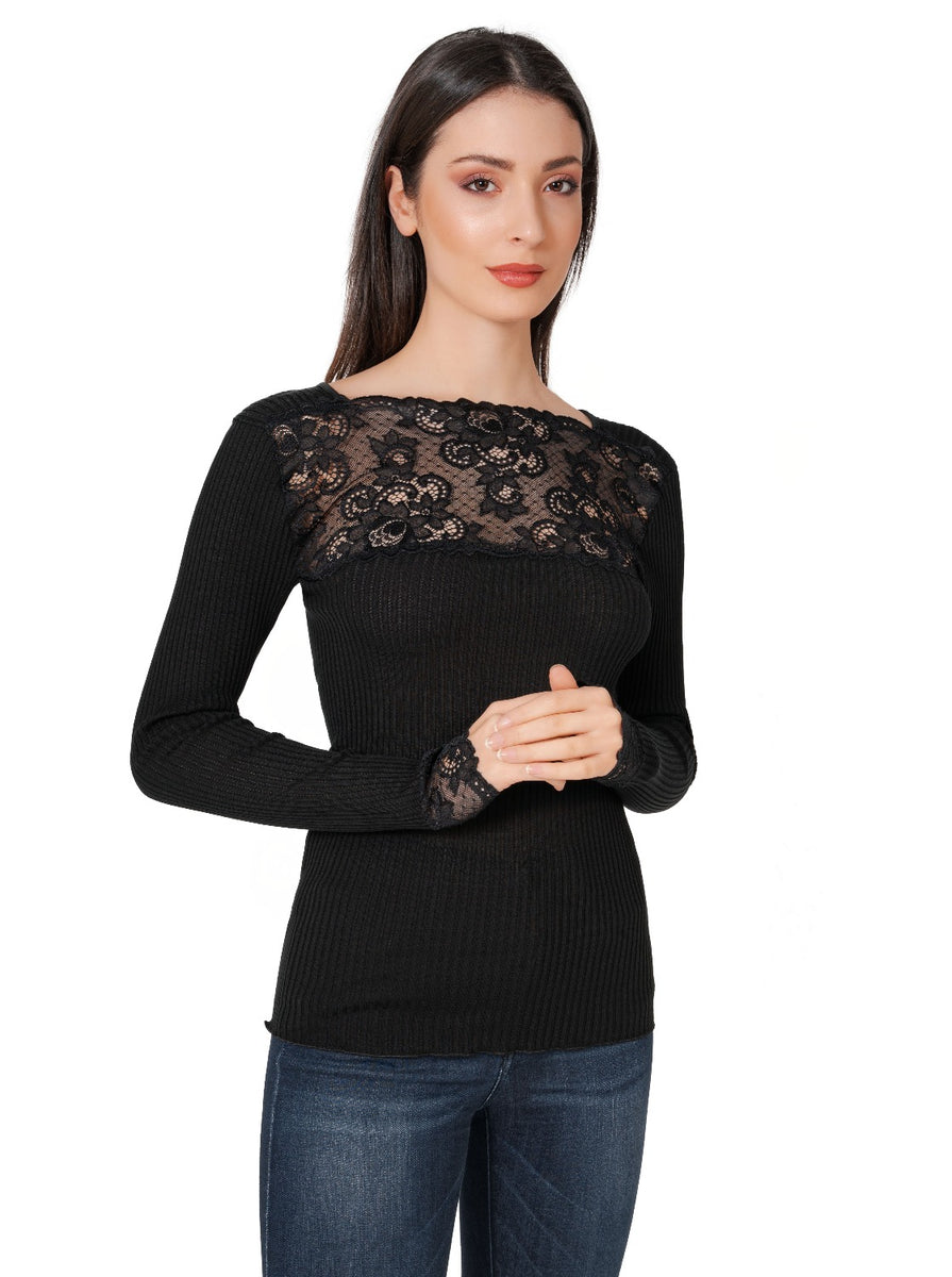 Long Sleeve Floral Lace Top Black – Clevedon Woolshed