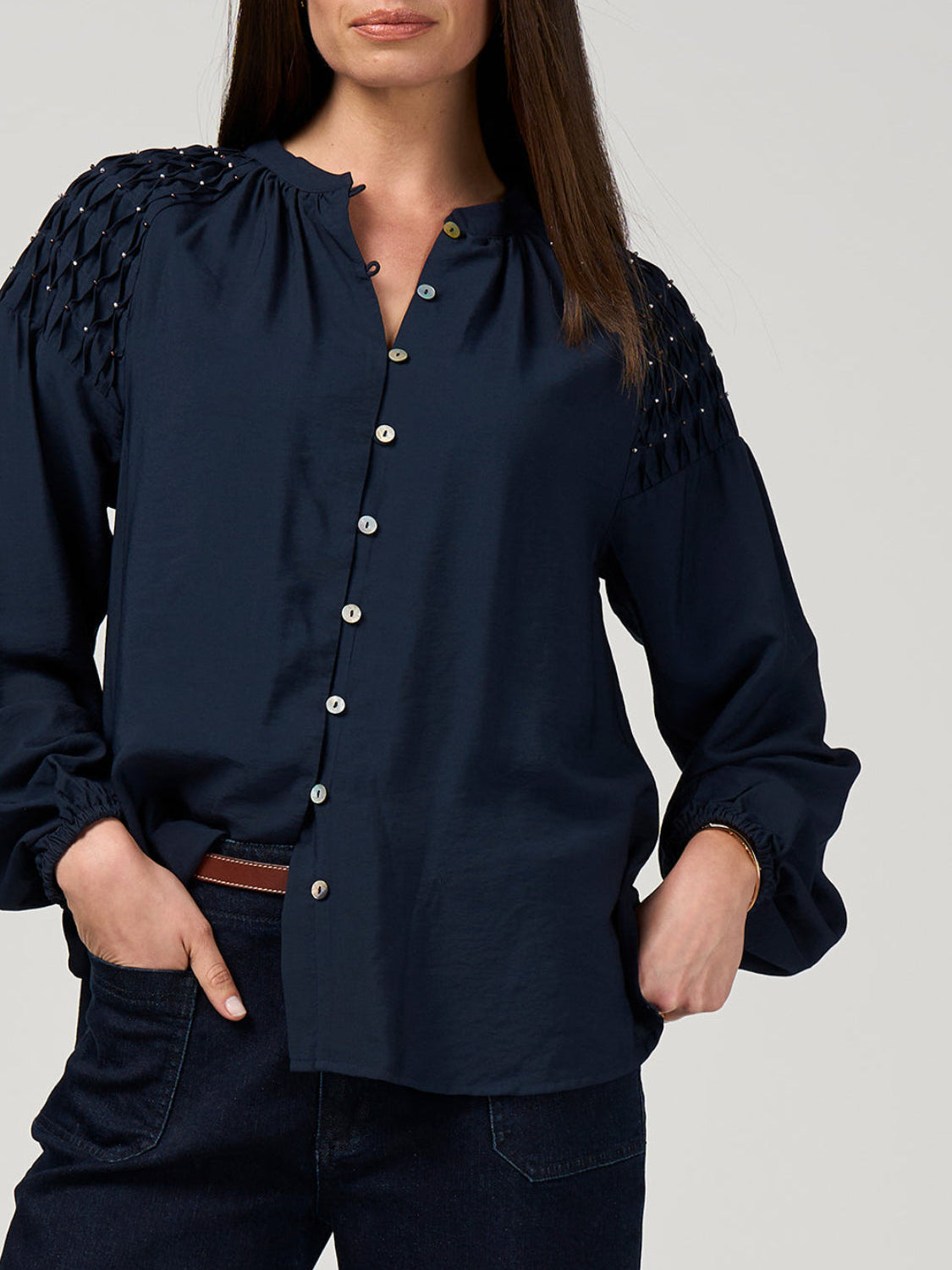 トップス knit layered bijou button blouse Bijou Blouse in Indigo – Clevedon Woolshed