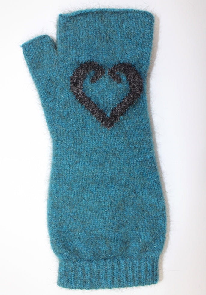 Aroha possum merino fingerless mittens in teal
