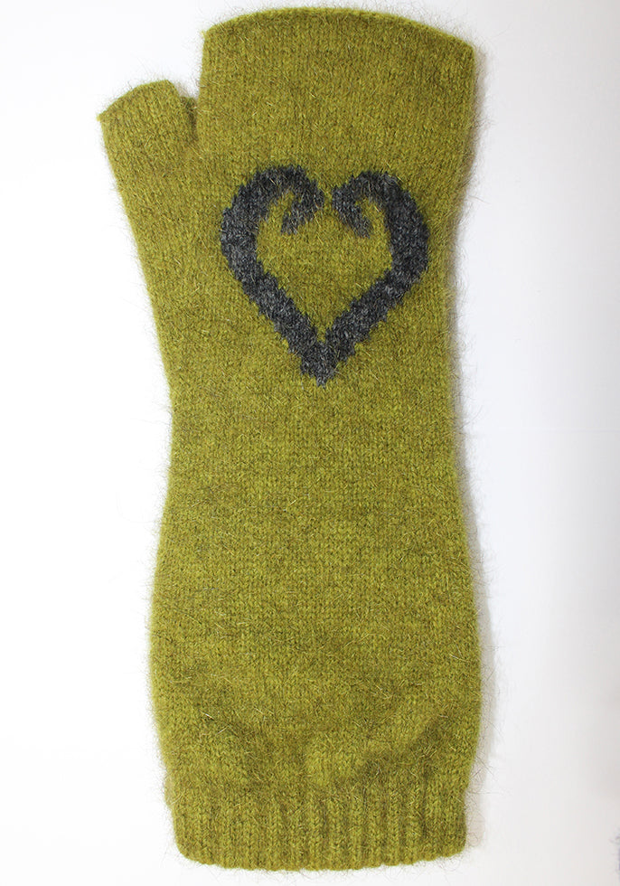 Aroha possum merino fingerless mittens in Olive