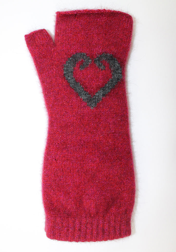 Aroha possum merino fingerless mittens in raspberry