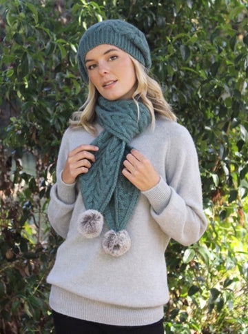 Cable Scarf with Rabbit Fur Pompom by Lothlorian