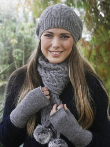 Possum and Merino Cable Beanie with Pompoms in Silver