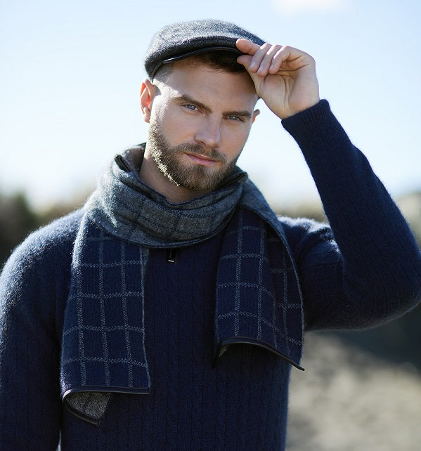 Possum Merino Checked Scarf in Navy and Pewter with lambskin trim