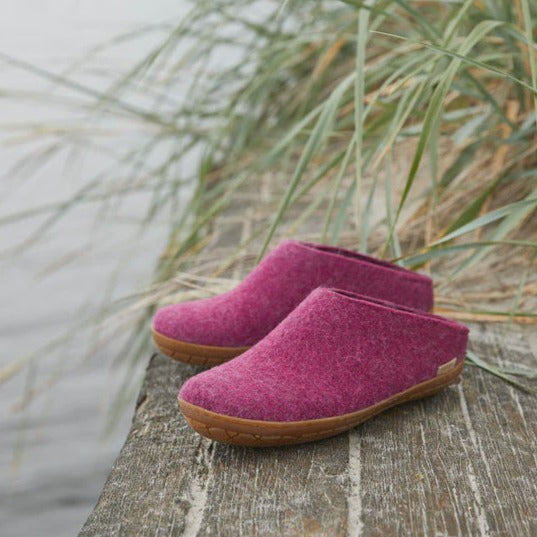 Glerups NZ Felted Wool Slip On With Honey Rubber Sole Cranberry