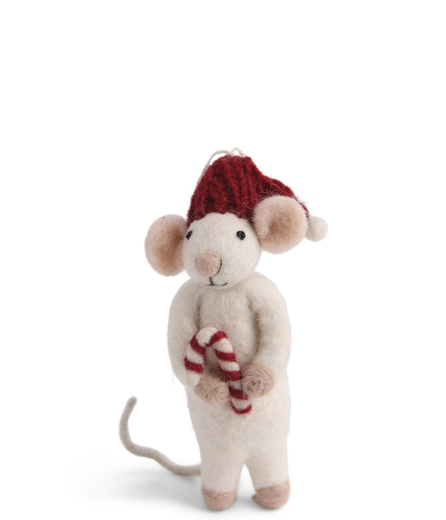Felted Wool White Mouse with Candy Cane Christmas Decoration