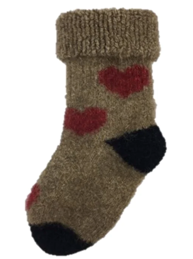 Heart Possum Merino socks for baby in wheat