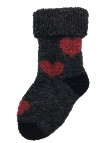 Heart Possum Merino socks for baby in charcoal