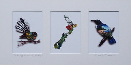 Sophie Blokker NZ Art Native Bird and NZ Map Triptych Print