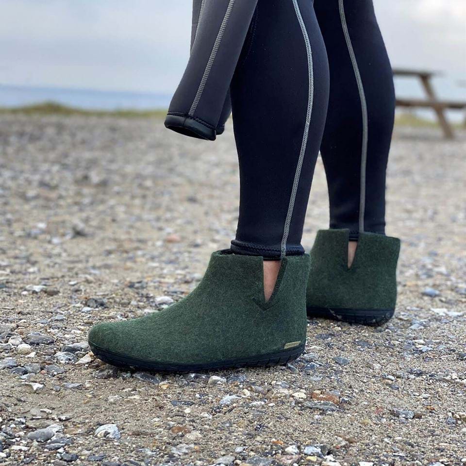 Glerups Felted wool boots with black rubber sole in Forest Green